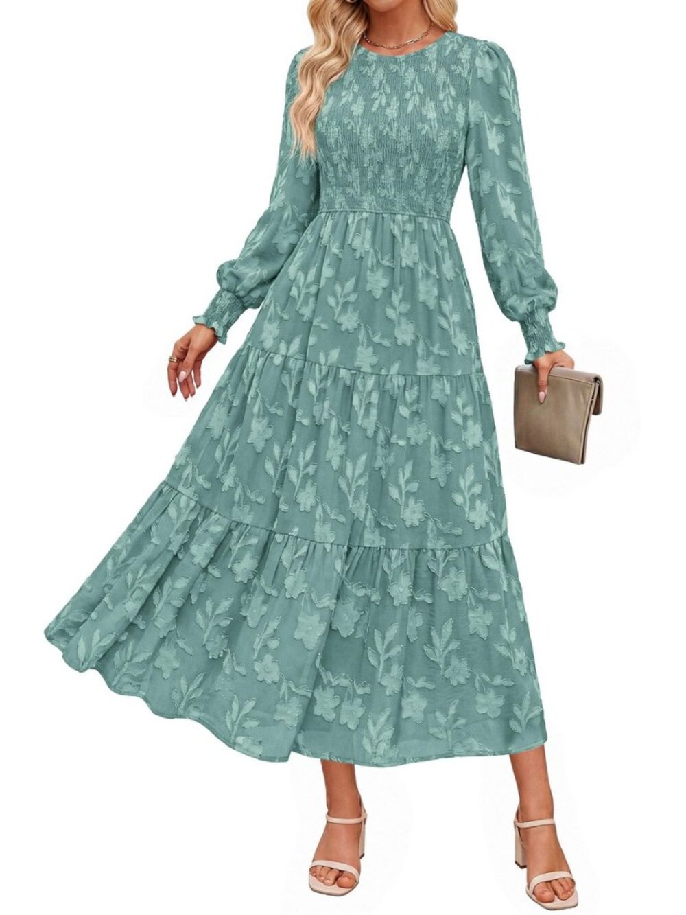 Fall Floral Long Sleeve Wedding Guest Dress for Women Pockets